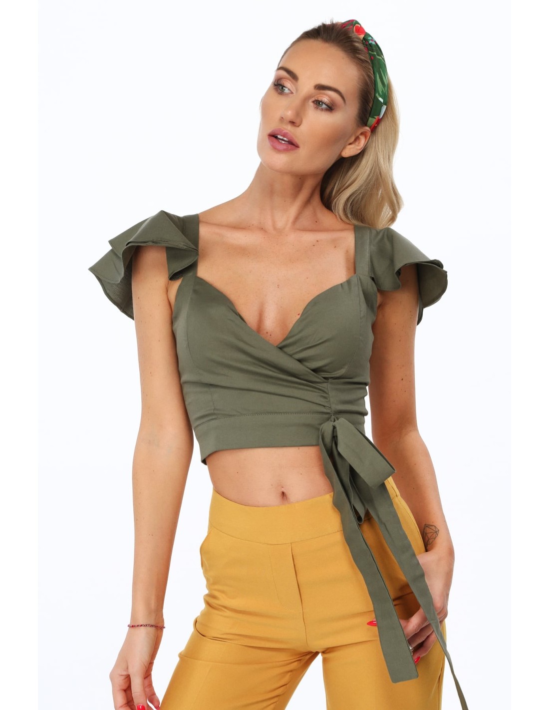 Khaki-Bluse mit Rüschen an den Schultern 97300 – Online-Shop – Boutique